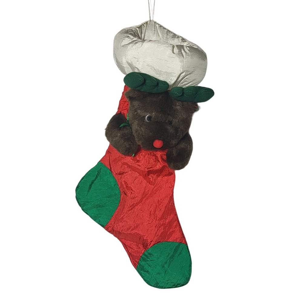 Vintage Rudolph Reindeer Red Nose Plush Nylon‎ 3D Puffy Parachute Stocking